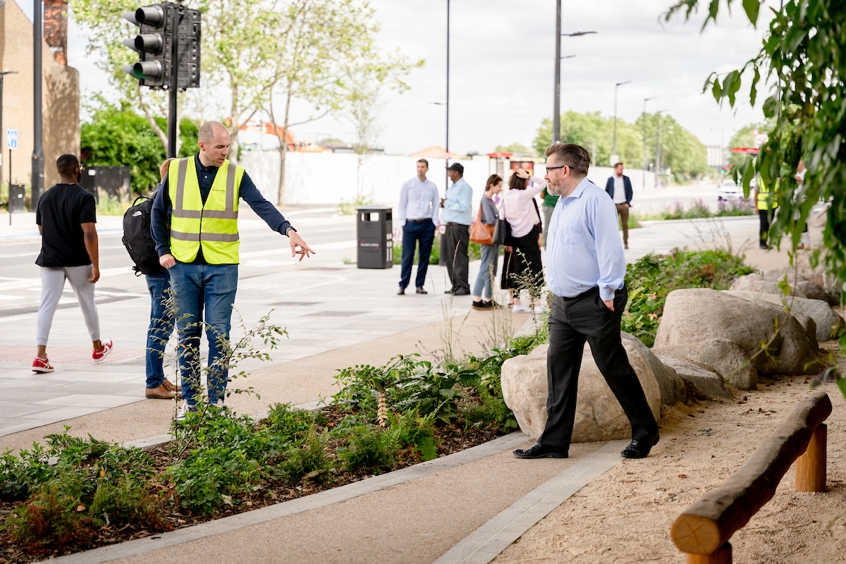 Newham project manager Alex Purcell discussing scheme features with Deputy Mayor Cllr James Asser